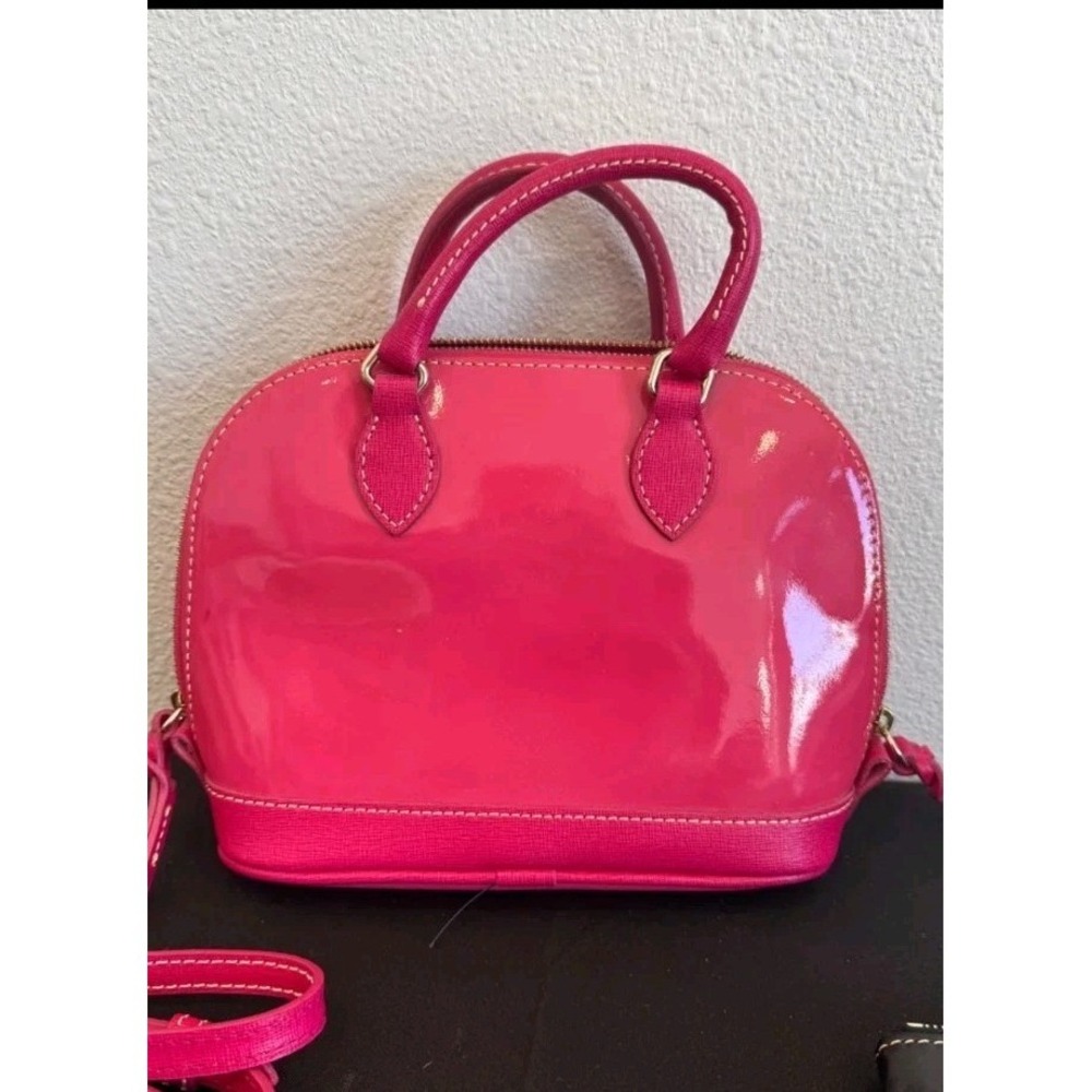 Dooney & Bourke Domed Satchel Hot Pink Patent Leather Natural Trim Zip Closure - Picture 2 of 16